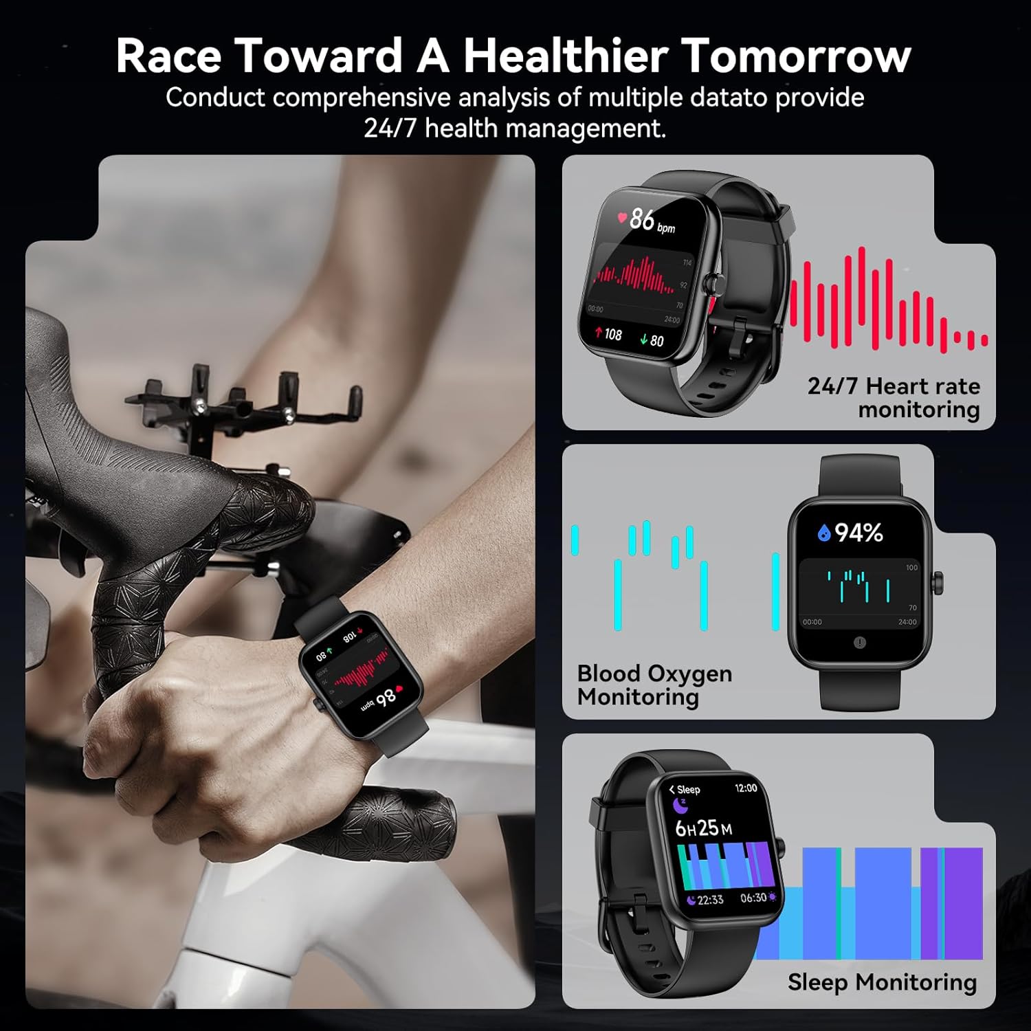 Smart Watch with Alexa Built-in‌, 1.83'' Touchscreen with Call Function, IP68 Waterproof Fitness Tracker, 100+ Sport Modes, Heart Rate & Sleep Monitor, Pedometer, iOS/Android Compatible (Black)