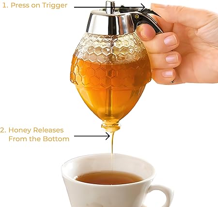 No Drip Glass Honey Dispenser with Stand - Honeycomb-Style Syrup Server and Bee-Themed Storage Jar