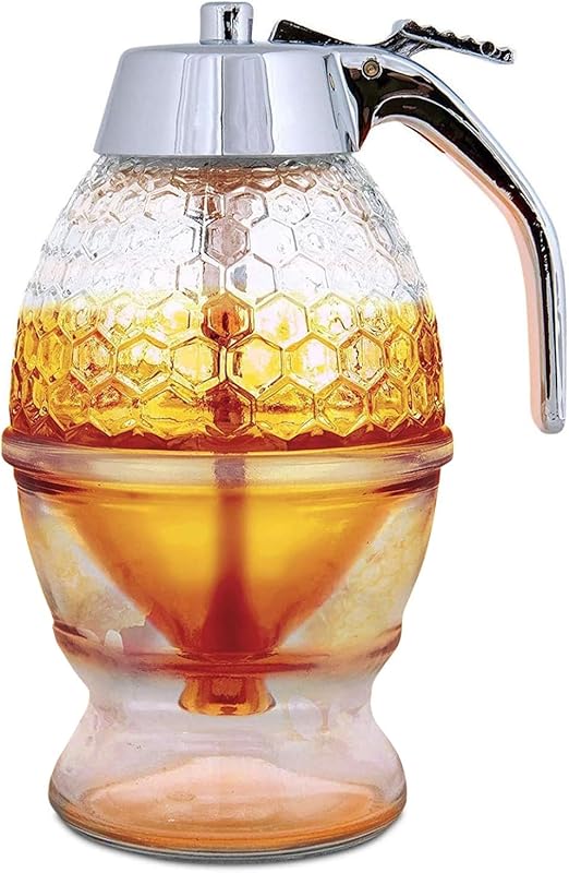 No Drip Glass Honey Dispenser with Stand - Honeycomb-Style Syrup Server and Bee-Themed Storage Jar