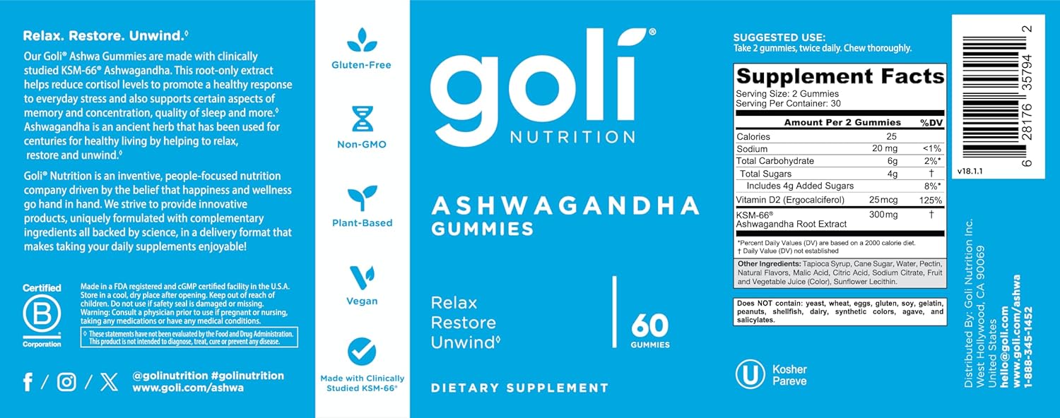 Goli Ashwagandha & Vitamin D Gummy - 60 Count