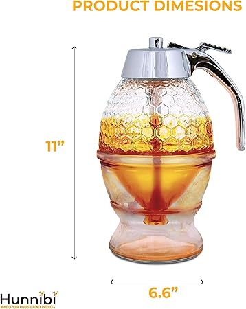 No Drip Glass Honey Dispenser with Stand - Honeycomb-Style Syrup Server and Bee-Themed Storage Jar