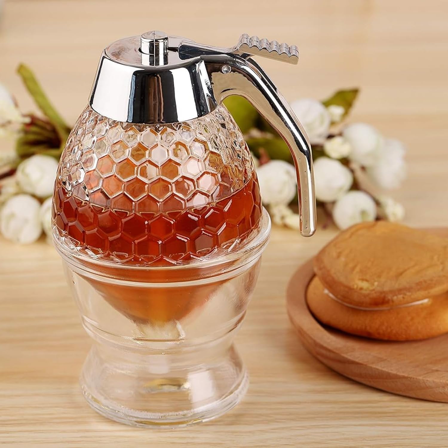 No Drip Glass Honey Dispenser with Stand - Honeycomb-Style Syrup Server and Bee-Themed Storage Jar