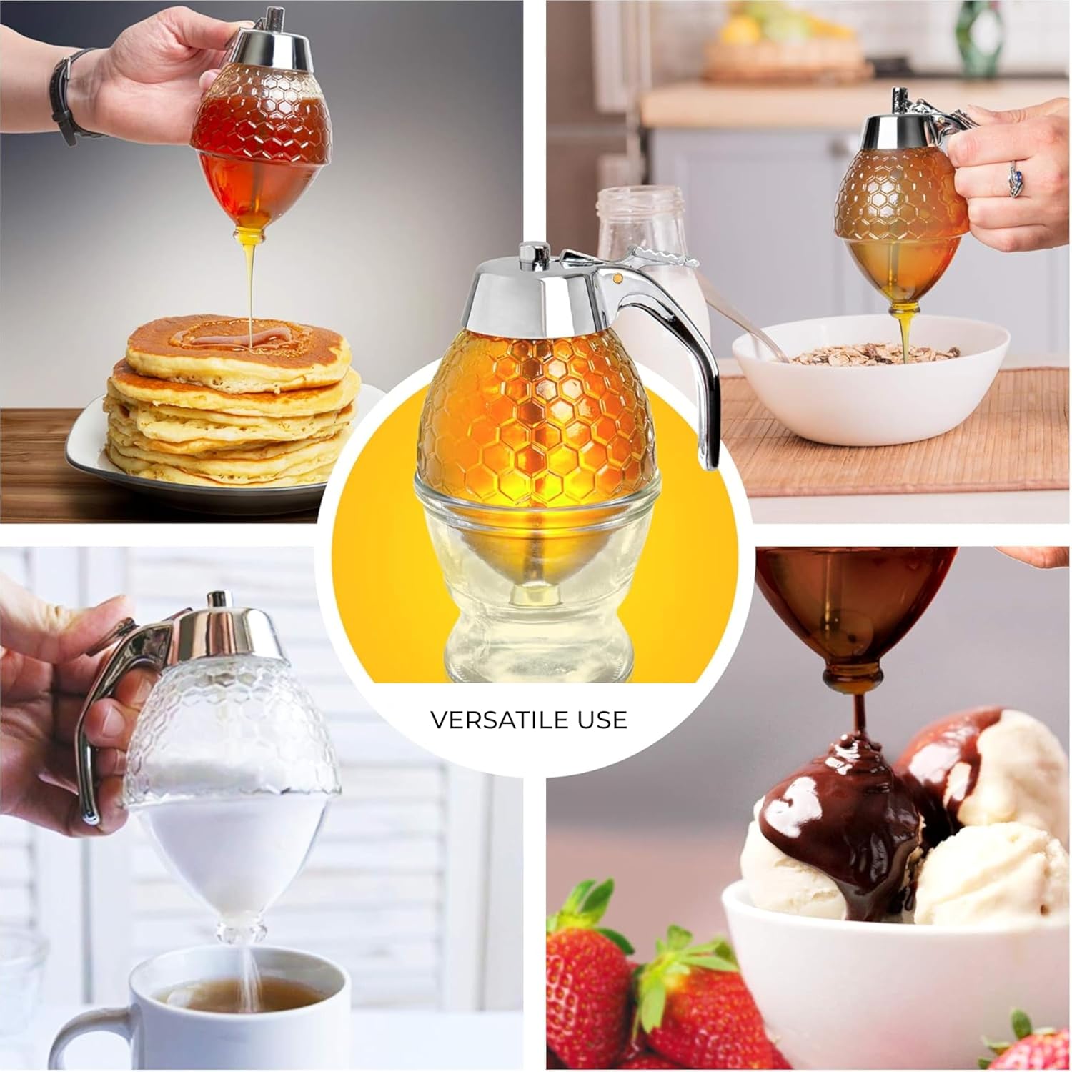 No Drip Glass Honey Dispenser with Stand - Honeycomb-Style Syrup Server and Bee-Themed Storage Jar