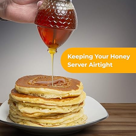 No Drip Glass Honey Dispenser with Stand - Honeycomb-Style Syrup Server and Bee-Themed Storage Jar