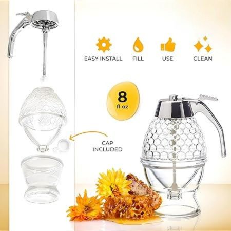 No Drip Glass Honey Dispenser with Stand - Honeycomb-Style Syrup Server and Bee-Themed Storage Jar